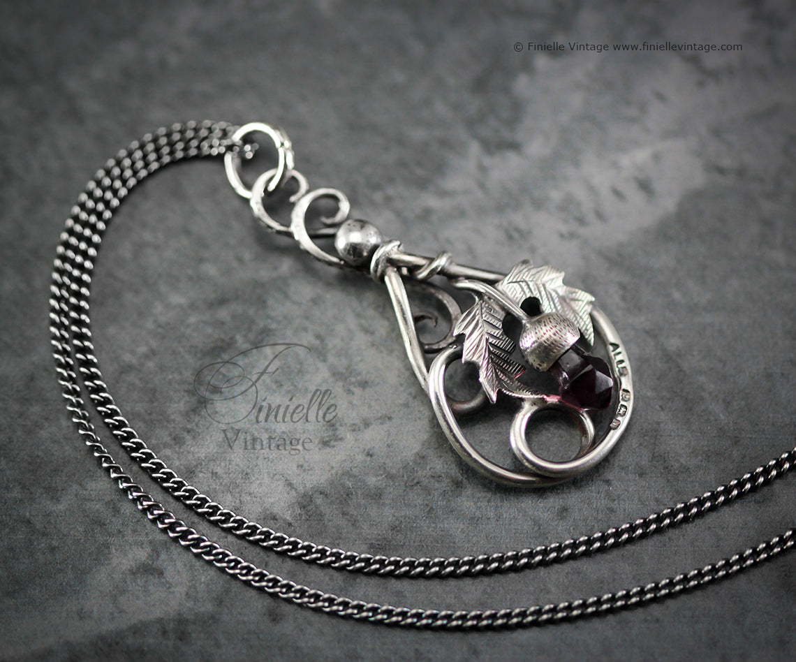 Antique Edwardian 1908 Silver Hand Engraved Brooch Repurposed to Unique Necklace, Purple Amethyst, Floral, Oak Leafs, 20" Silver Chain