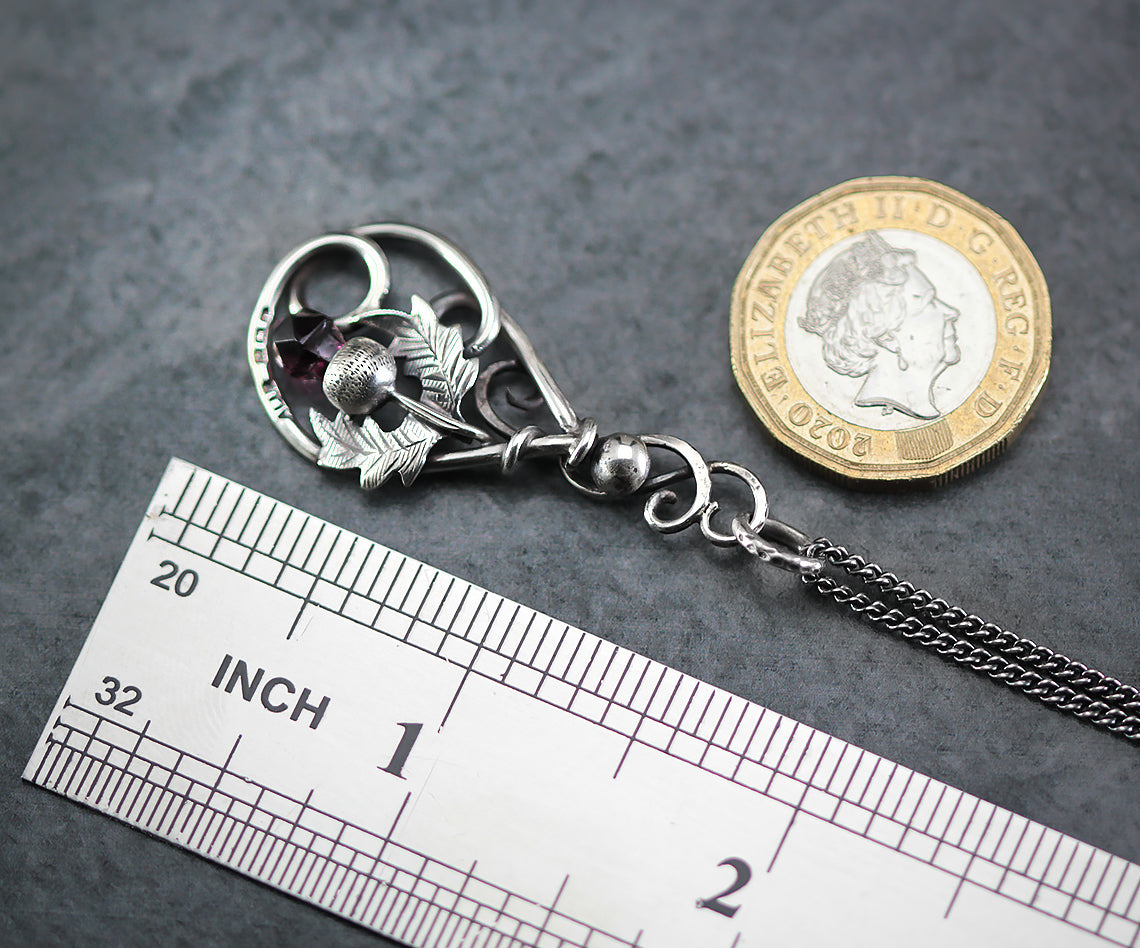 Antique Edwardian 1908 Silver Hand Engraved Brooch Repurposed to Unique Necklace, Purple Amethyst, Floral, Oak Leafs, 20" Silver Chain