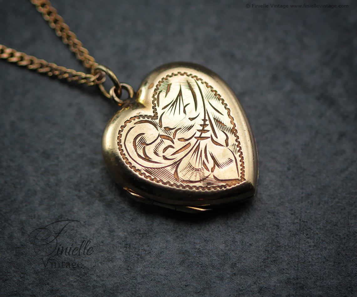 Antique Art Deco Heart Locket Pendant, 14ct Rolled Gold, Floral Engraved, 18" Chain