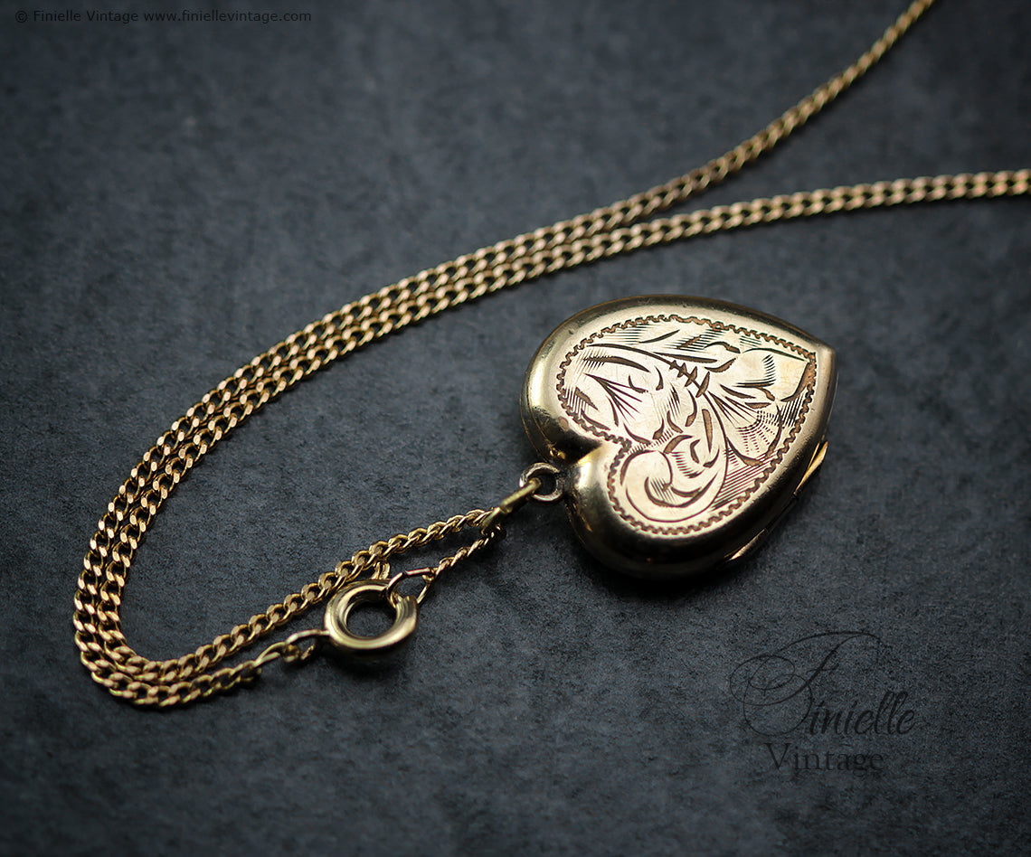 Antique Art Deco Heart Locket Pendant, 14ct Rolled Gold, Floral Engraved, 18" Chain