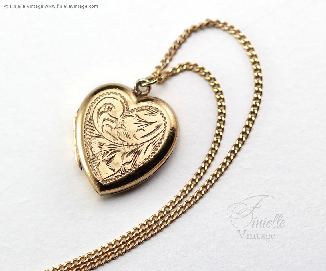 Antique Art Deco Heart Locket Pendant, 14ct Rolled Gold, Floral Engraved, 18" Chain