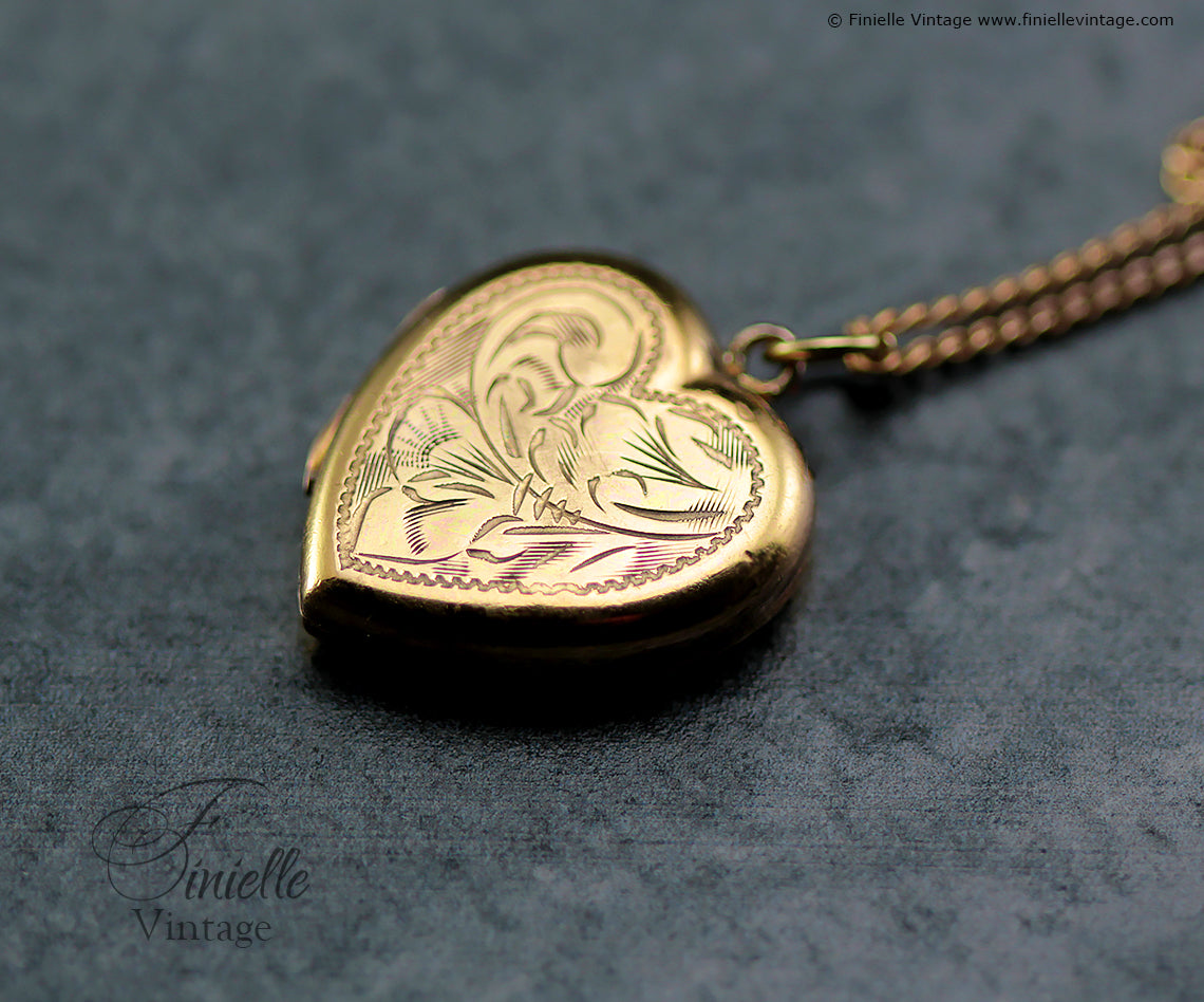Antique Art Deco Heart Locket Pendant, 14ct Rolled Gold, Floral Engraved, 18" Chain