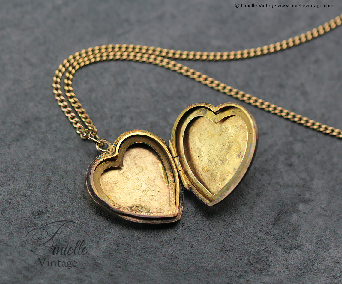 Antique Art Deco Heart Locket Pendant, 14ct Rolled Gold, Floral Engraved, 18" Chain