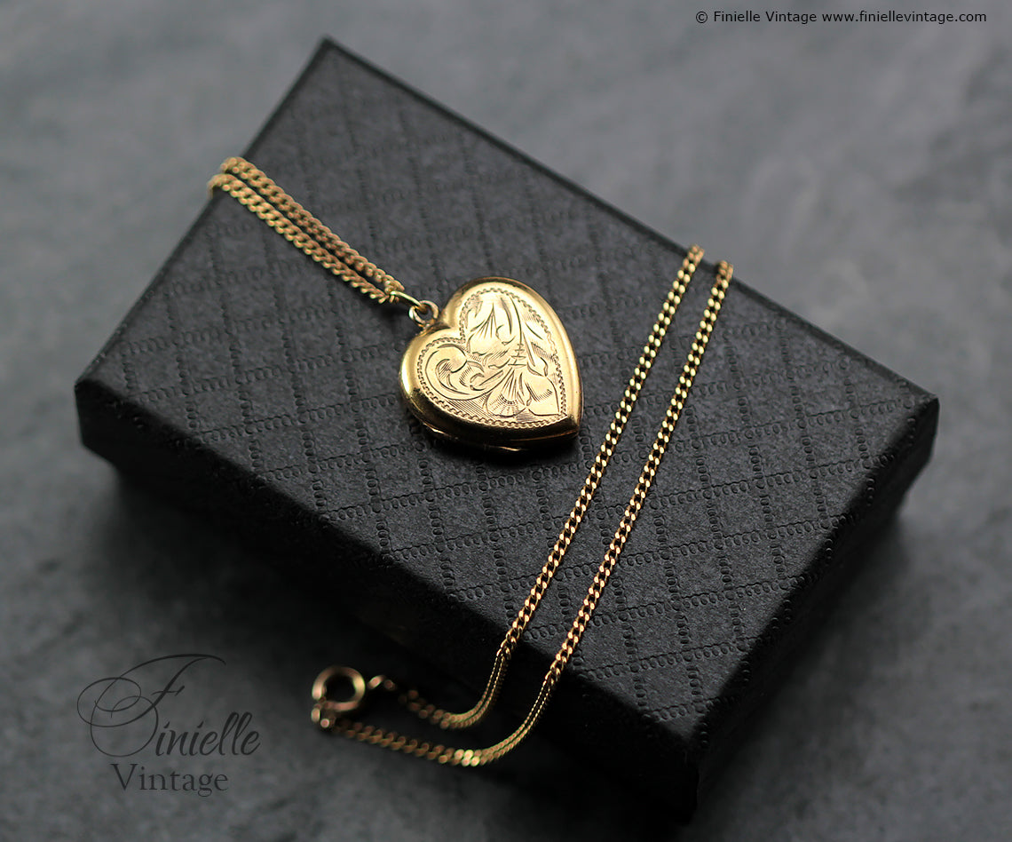 Antique Art Deco Heart Locket Pendant, 14ct Rolled Gold, Floral Engraved, 18" Chain