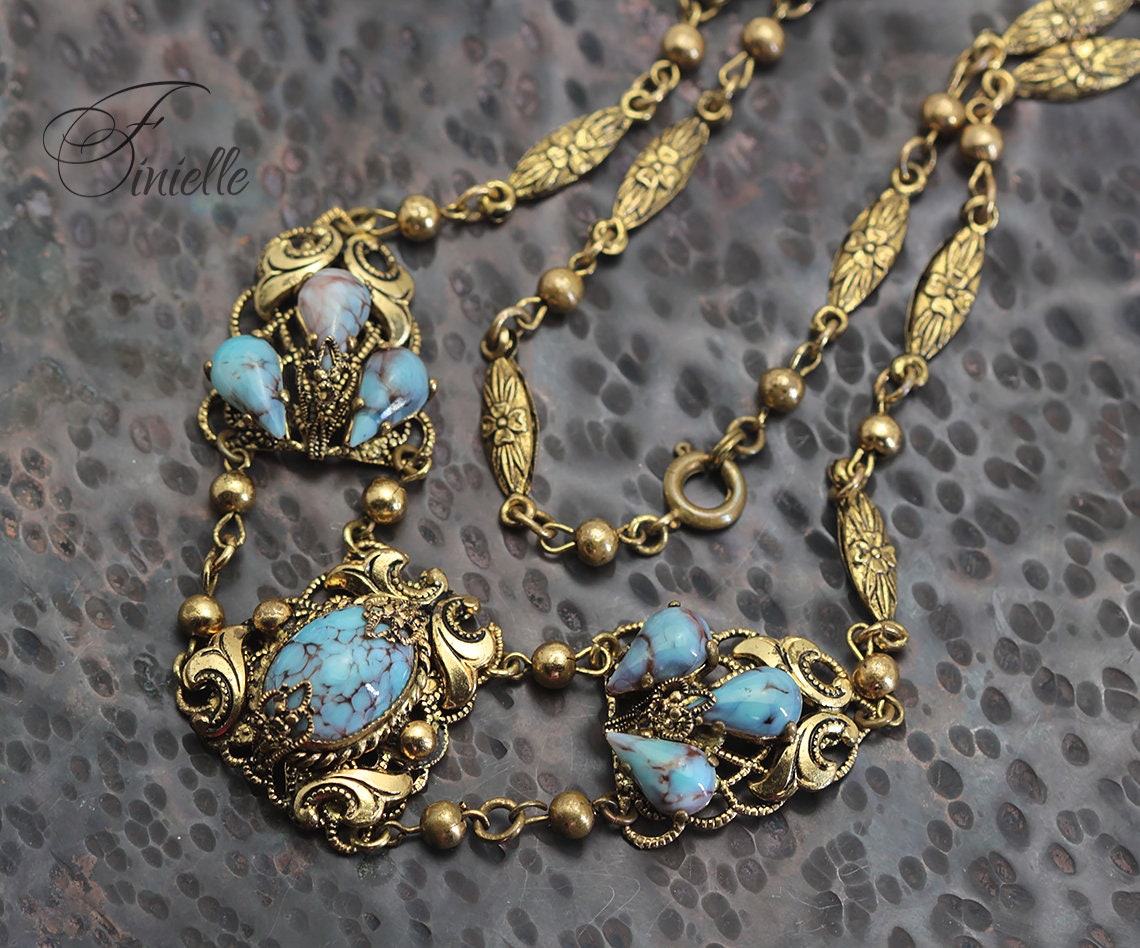 Art Deco 1920-1930's, Vintage Jewellery Richly Gilded, Gold Tone, Czech Bohemian Glass Turquoise Filigree Necklace, Gift for Women