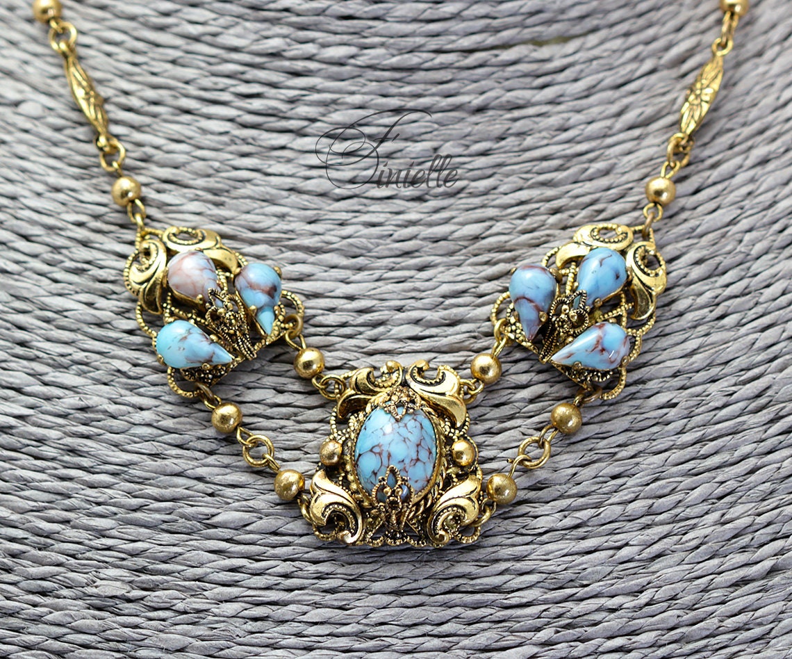 Art Deco 1920-1930's, Vintage Jewellery Richly Gilded, Gold Tone, Czech Bohemian Glass Turquoise Filigree Necklace, Gift for Women