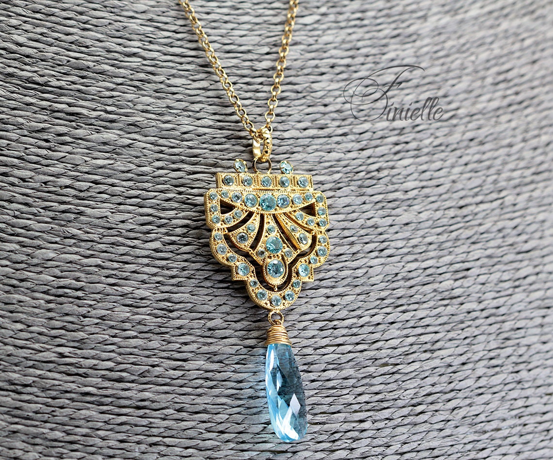 Art Deco Unique Necklace Pendant, Blue Aquamarine Cubic Zirconia, Antique, Vintage Repurposed One, Richly Gilded, Birthday Gift for Women.