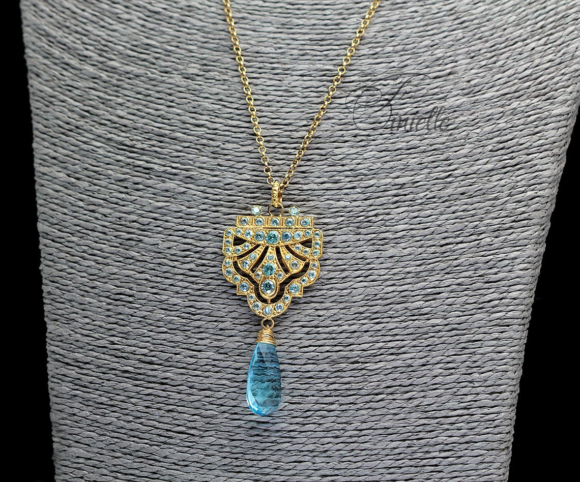 Art Deco Unique Necklace Pendant, Blue Aquamarine Cubic Zirconia, Antique, Vintage Repurposed One, Richly Gilded, Birthday Gift for Women.