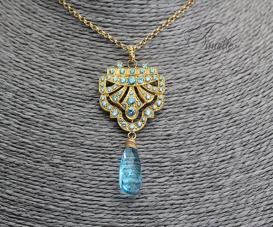 Art Deco Unique Necklace Pendant, Blue Aquamarine Cubic Zirconia, Antique, Vintage Repurposed One, Richly Gilded, Birthday Gift for Women.