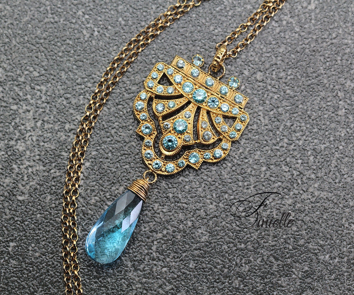 Art Deco Unique Necklace Pendant, Blue Aquamarine Cubic Zirconia, Antique, Vintage Repurposed One, Richly Gilded, Birthday Gift for Women.