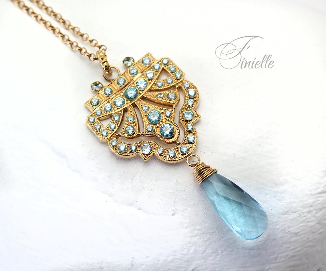 Art Deco Unique Necklace Pendant, Blue Aquamarine Cubic Zirconia, Antique, Vintage Repurposed One, Richly Gilded, Birthday Gift for Women.