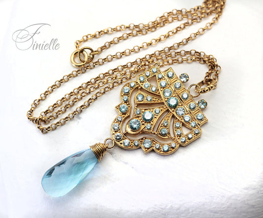 Art Deco Unique Necklace Pendant, Blue Aquamarine Cubic Zirconia, Antique, Vintage Repurposed One, Richly Gilded, Birthday Gift for Women.