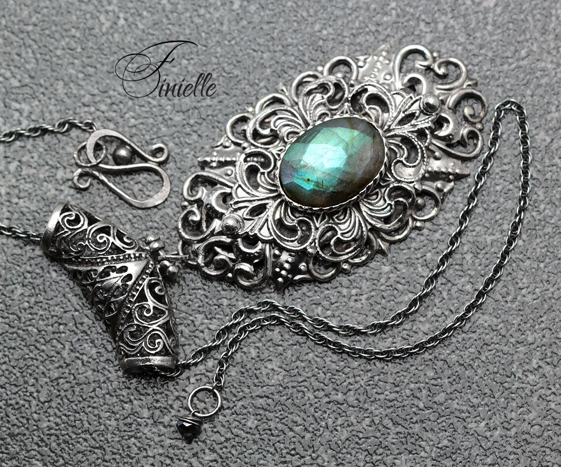 Unique Silver Plated Necklace Pendant, Royal Blue Labradorite, Repurposed Vintage, Filigree, Victorian style jewelry, Gift for Women