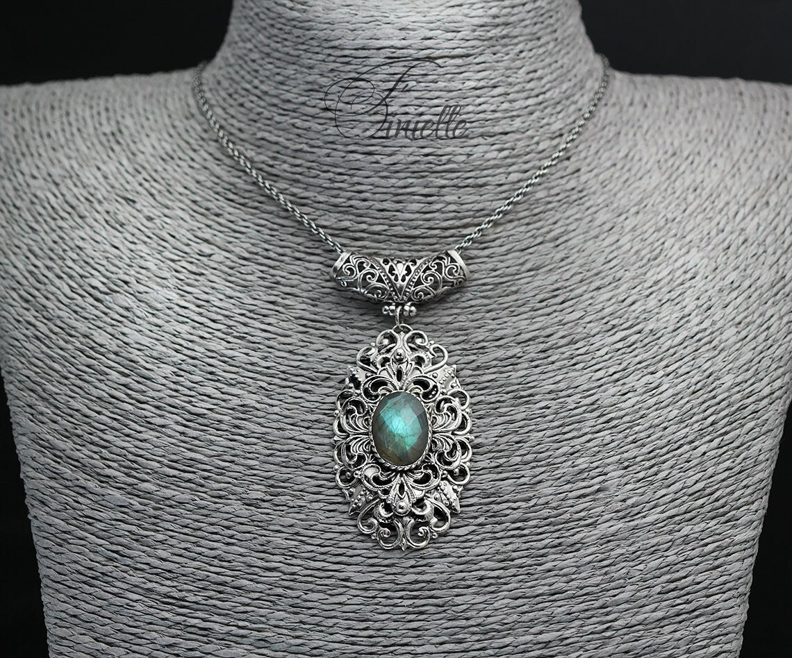 Unique Silver Plated Necklace Pendant, Royal Blue Labradorite, Repurposed Vintage, Filigree, Victorian style jewelry, Gift for Women