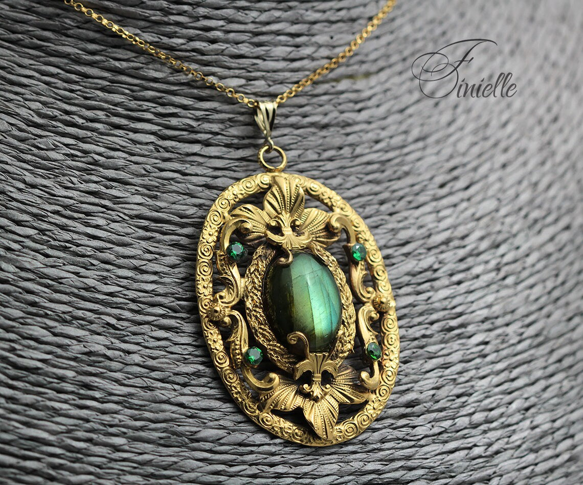 Czech Art Deco Unique Necklace Pendant, Green Labradorite, Green Zirconia, Vintage Repurposed One, Antique Gold Plated, Gift for Women