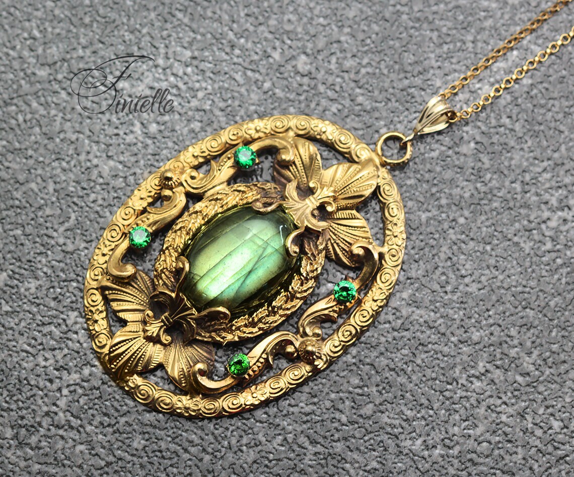 Czech Art Deco Unique Necklace Pendant, Green Labradorite, Green Zirconia, Vintage Repurposed One, Antique Gold Plated, Gift for Women