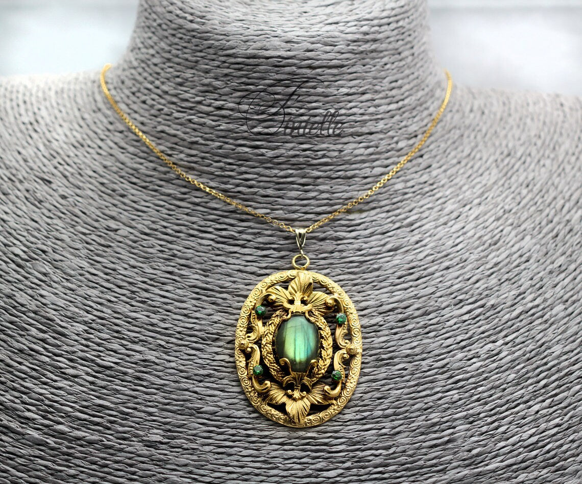 Czech Art Deco Unique Necklace Pendant, Green Labradorite, Green Zirconia, Vintage Repurposed One, Antique Gold Plated, Gift for Women