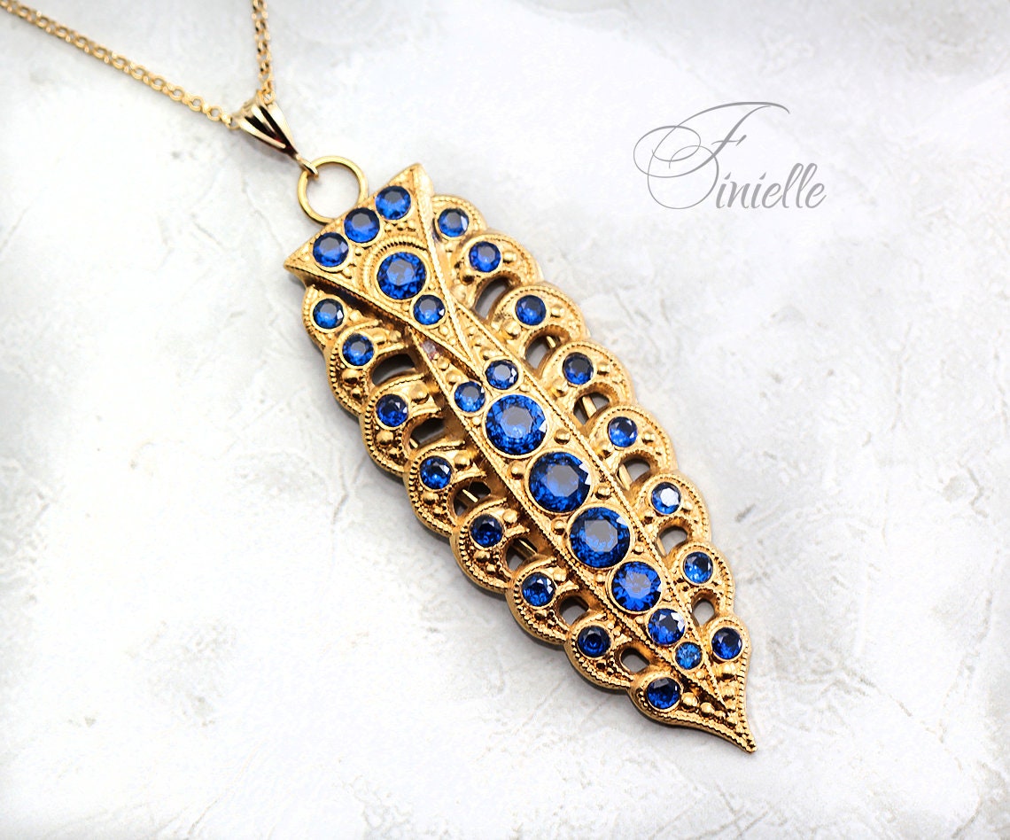 Antique Vintage Art Deco Ornate Necklace Pendant, Spinel Sapphire Blue Zirconia, Vintage Repurposed One, 18Ct Gold Plated, 20" Rolo Chain