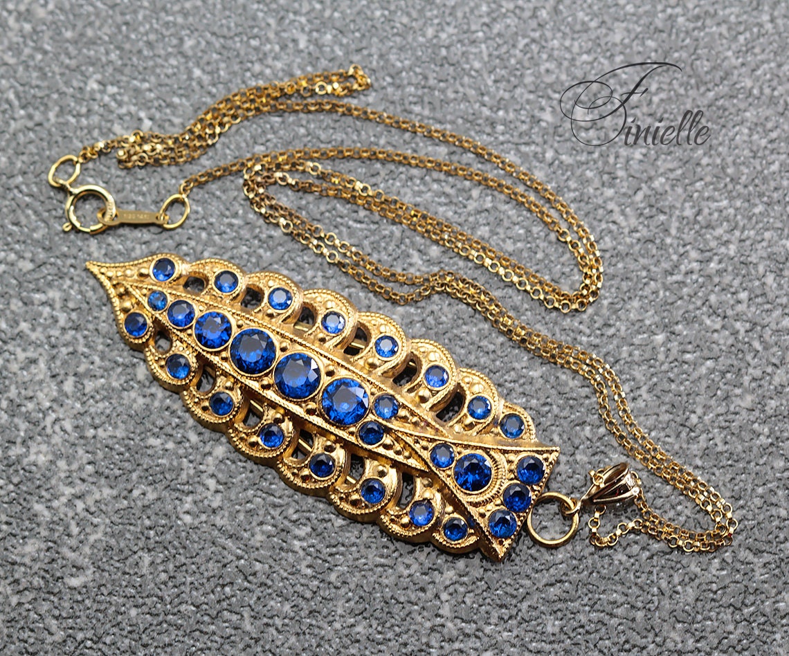 Antique Vintage Art Deco Ornate Necklace Pendant, Spinel Sapphire Blue Zirconia, Vintage Repurposed One, 18Ct Gold Plated, 20" Rolo Chain