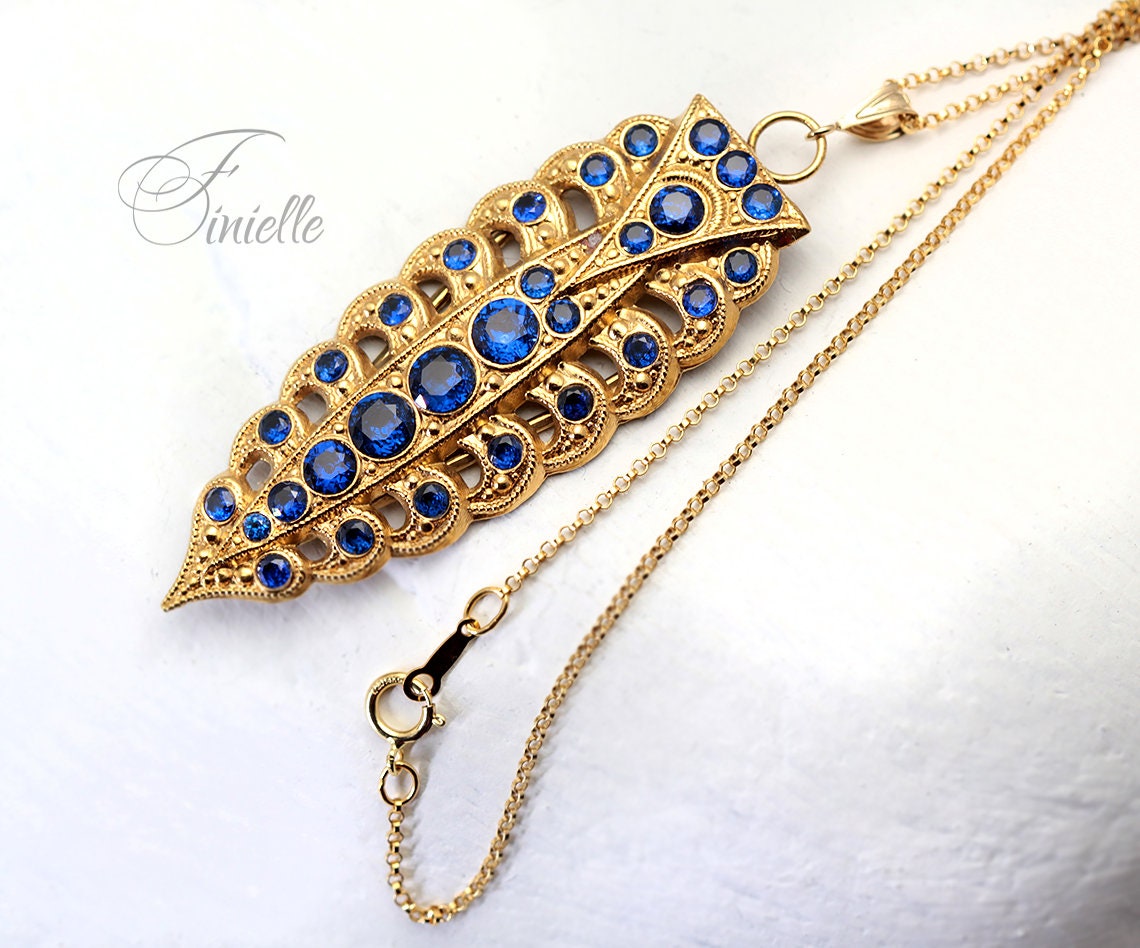 Antique Vintage Art Deco Ornate Necklace Pendant, Spinel Sapphire Blue Zirconia, Vintage Repurposed One, 18Ct Gold Plated, 20" Rolo Chain