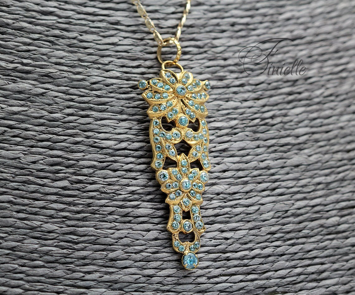 Art Deco Unique jewelry Necklace Pendant, Blue Aquamarine Zirconia, Antique, Vintage Repurposed, Richly Gilded, jewellery Gift for Women