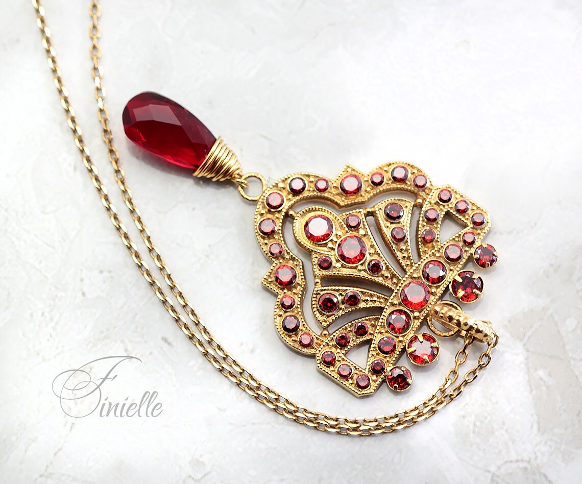 Art Deco Unique Necklace Pendant, Garnet Cubic Zirconia, Antique, Vintage Repurposed One, Richly Gilded, Birthday Gift for Women.