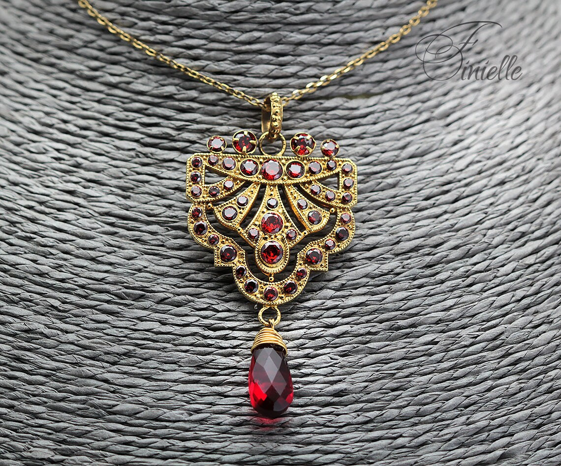 Art Deco Unique Necklace Pendant, Garnet Cubic Zirconia, Antique, Vintage Repurposed One, Richly Gilded, Birthday Gift for Women.