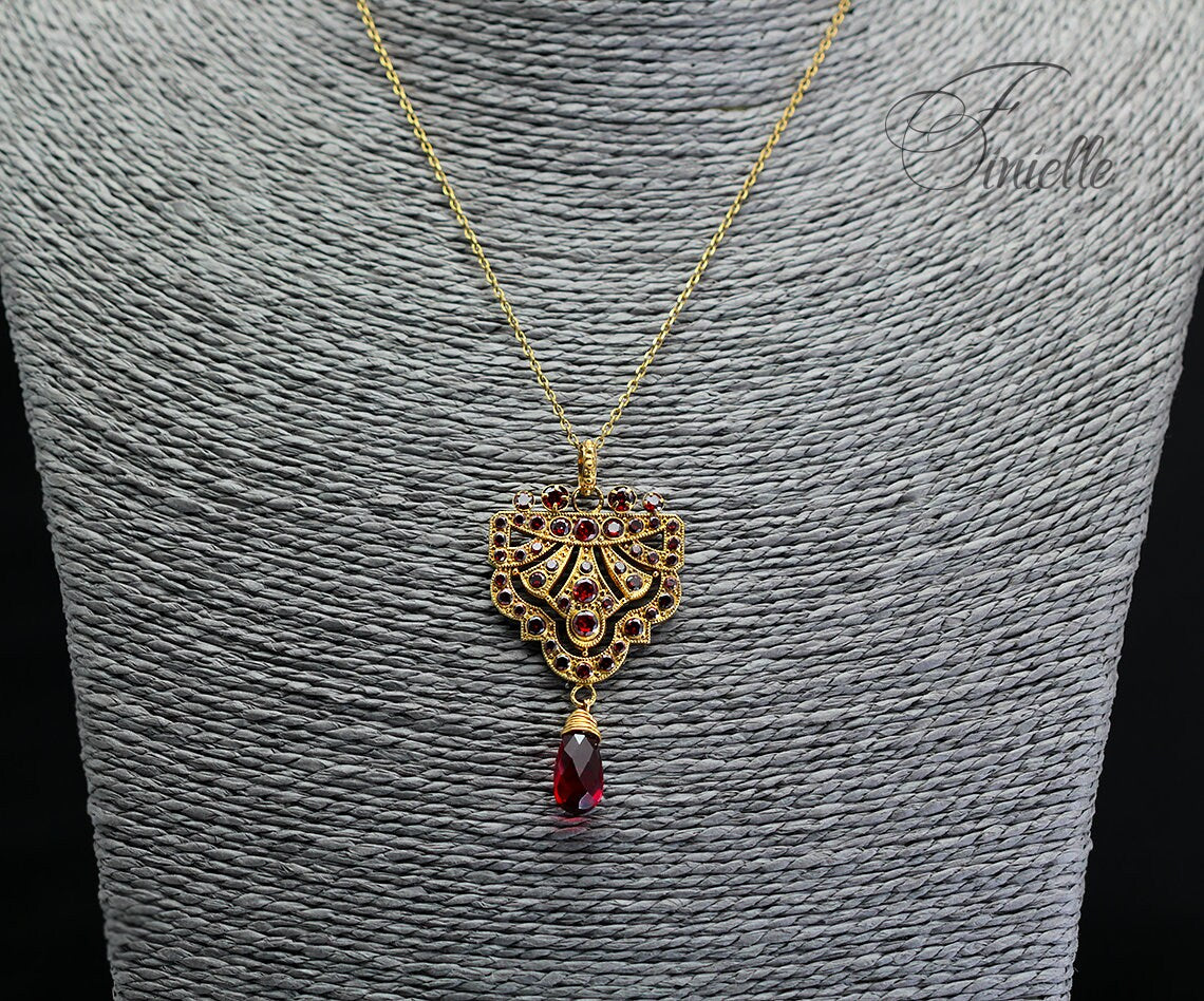 Art Deco Unique Necklace Pendant, Garnet Cubic Zirconia, Antique, Vintage Repurposed One, Richly Gilded, Birthday Gift for Women.