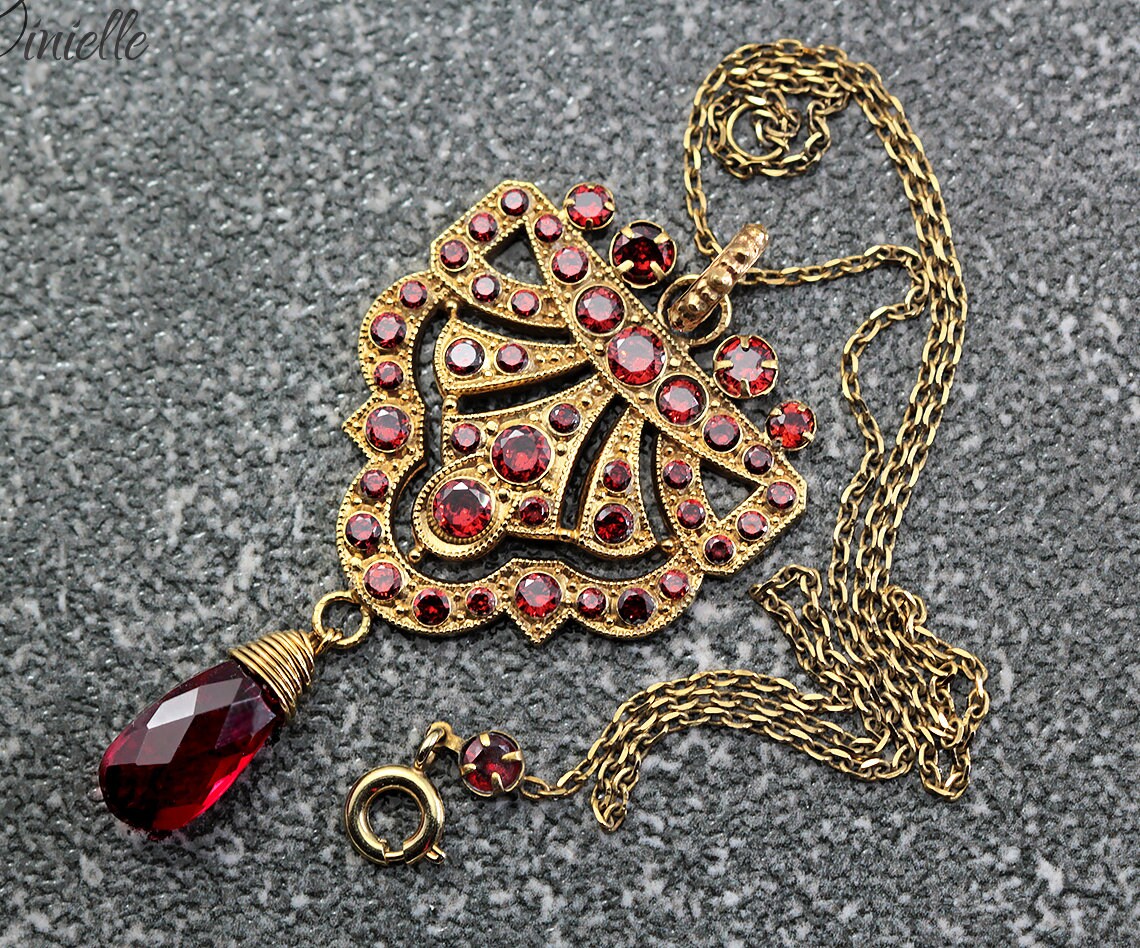 Art Deco Unique Necklace Pendant, Garnet Cubic Zirconia, Antique, Vintage Repurposed One, Richly Gilded, Birthday Gift for Women.