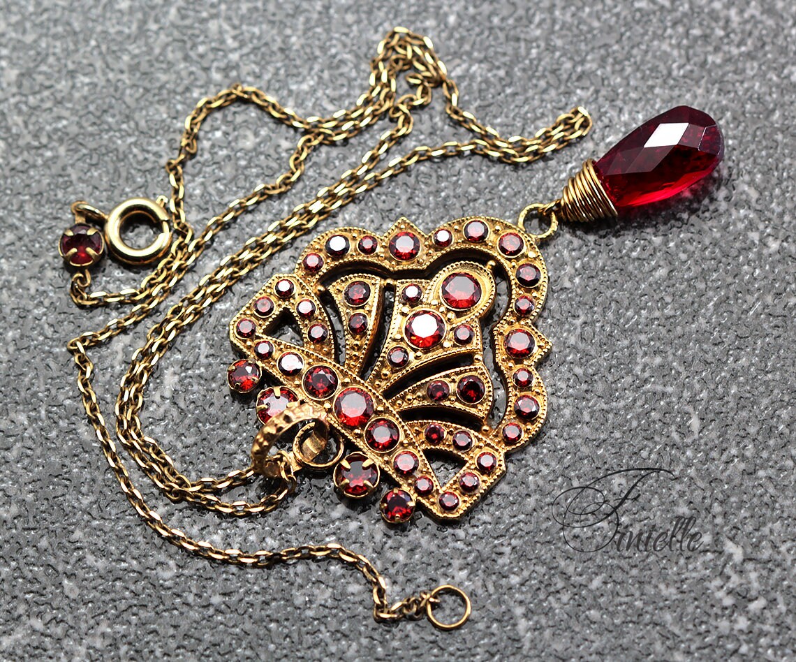 Art Deco Unique Necklace Pendant, Garnet Cubic Zirconia, Antique, Vintage Repurposed One, Richly Gilded, Birthday Gift for Women.