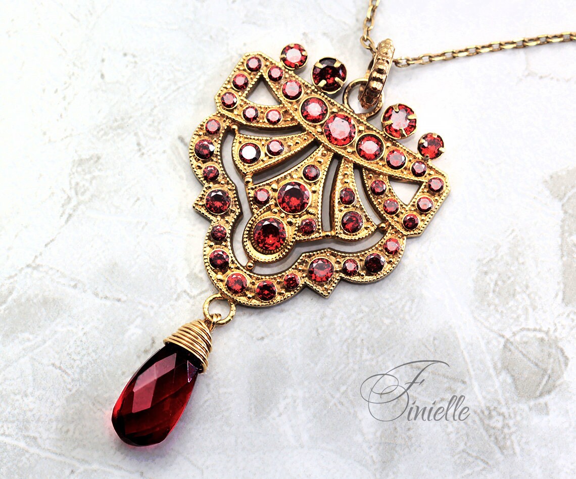 Art Deco Unique Necklace Pendant, Garnet Cubic Zirconia, Antique, Vintage Repurposed One, Richly Gilded, Birthday Gift for Women.