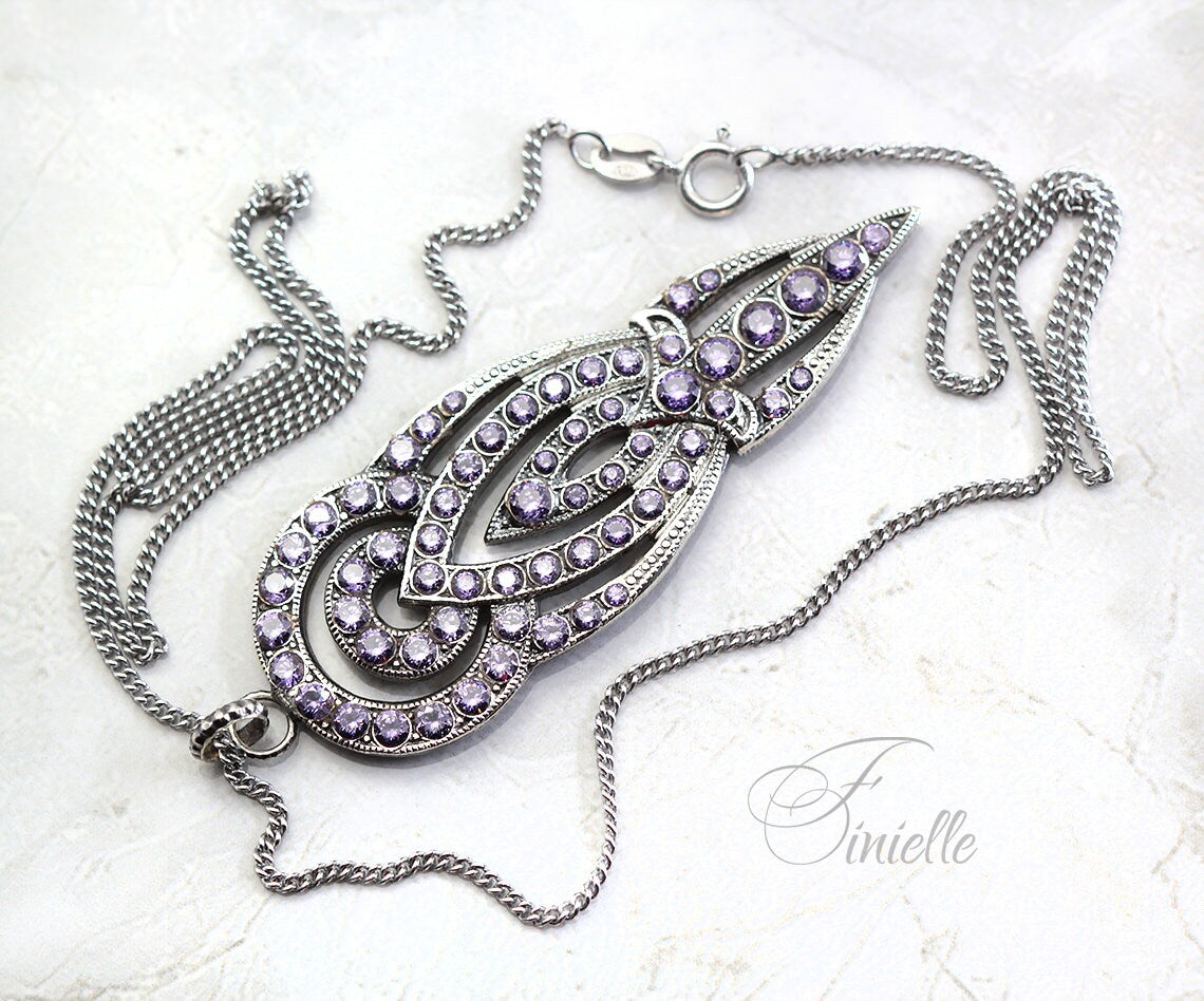 Antique Vintage Art Deco Czech Dress Clip Repurposed to Pendant Necklace, Amethyst Cubic Zirconia, Antique Silver Plated, Unique Gift