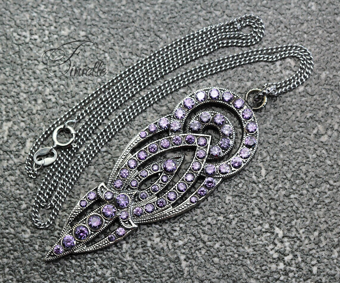 Antique Vintage Art Deco Czech Dress Clip Repurposed to Pendant Necklace, Amethyst Cubic Zirconia, Antique Silver Plated, Unique Gift