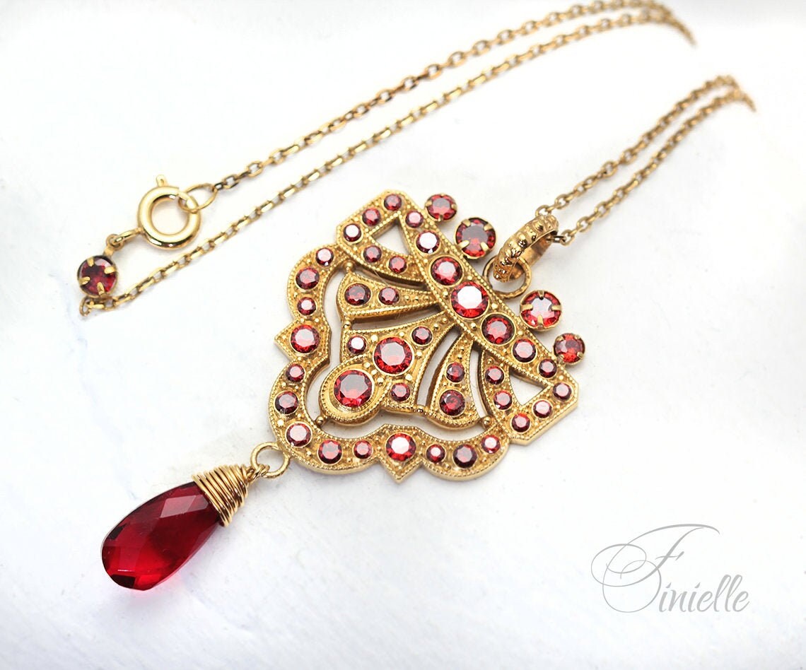 Art Deco Unique Necklace Pendant, Garnet Cubic Zirconia, Antique, Vintage Repurposed One, Richly Gilded, Birthday Gift for Women.