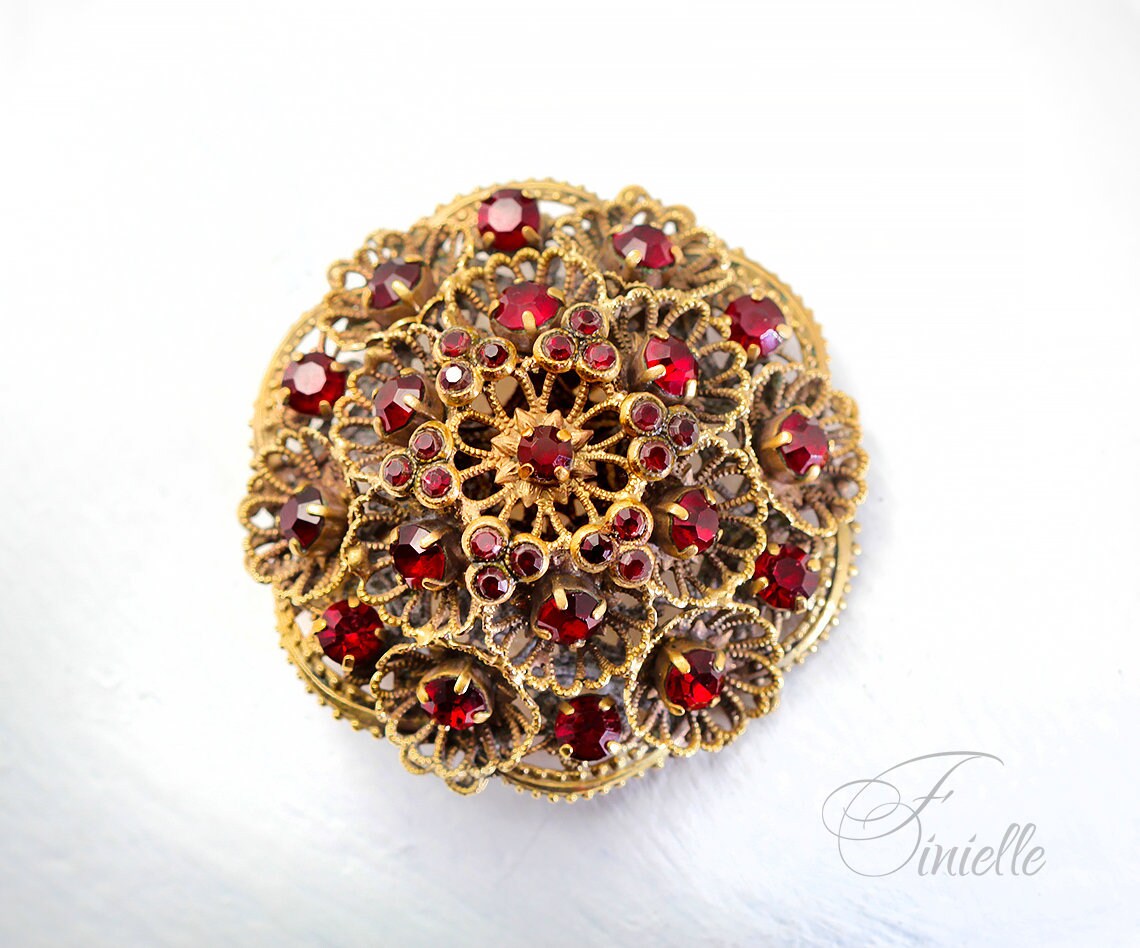 Art Deco 1920-1930's Vintage Czech Red Glass Brooch Filigree Ruby Paste High Relief, Antique Gold Plated, Vintage Jewelry, Gift for Women