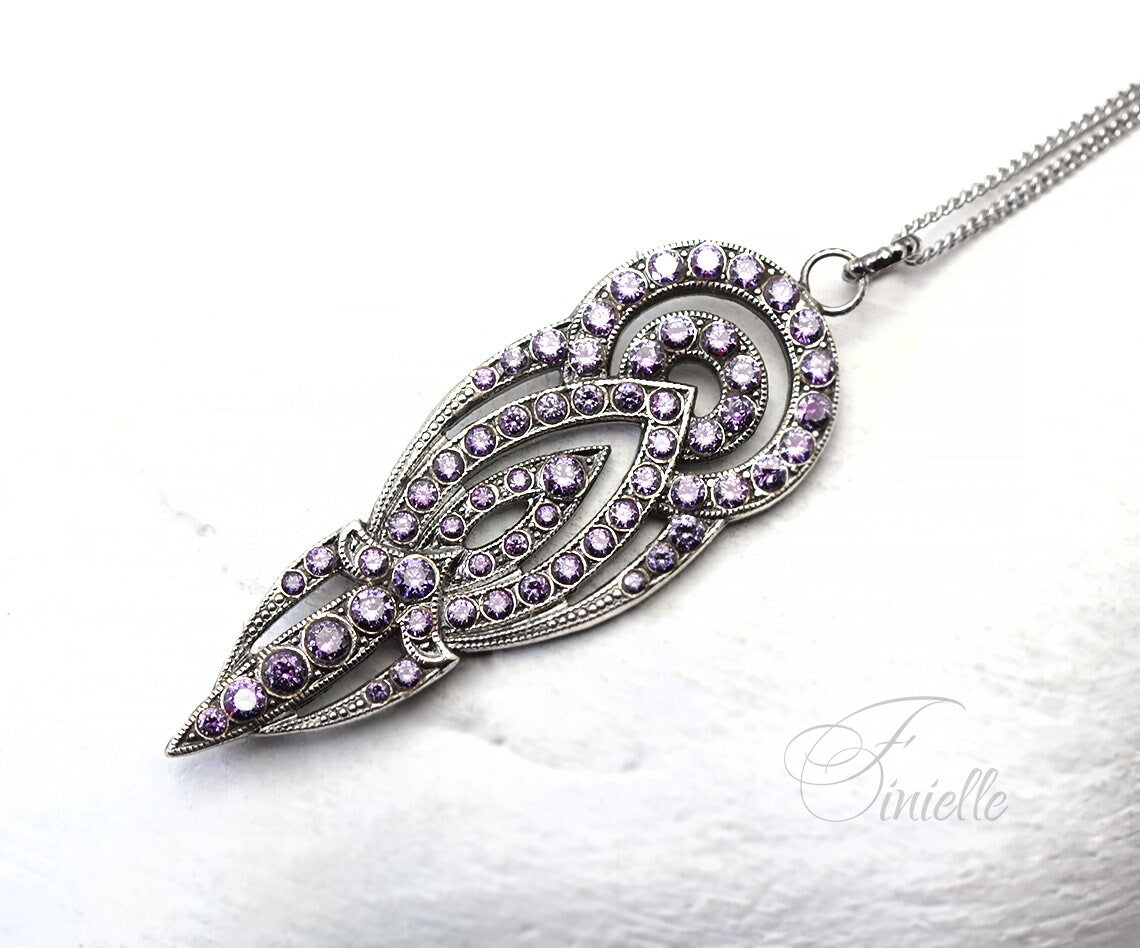 Antique Vintage Art Deco Czech Dress Clip Repurposed to Pendant Necklace, Amethyst Cubic Zirconia, Antique Silver Plated, Unique Gift