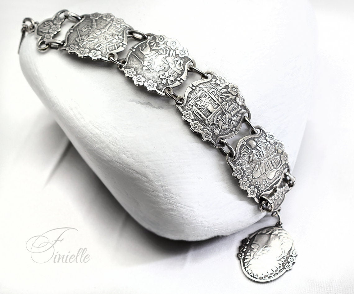 Silver Plated, Vintage 1950's, Spanish Cervantes Don Quixote Story Panel Bracelet, Vintage Spanish Jewelry, Art Nouveau style Jewellery