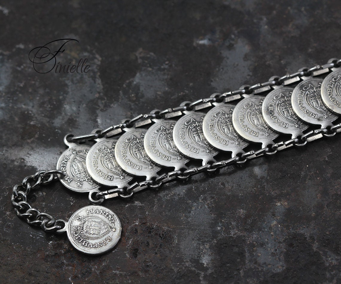 Vintage Coin Bracelet 1960's, Souvenir of San Marini, Scudi 1698, Boho Jewelry, Faux Coin Bracelet, Republic of San Marino, Silver Plated