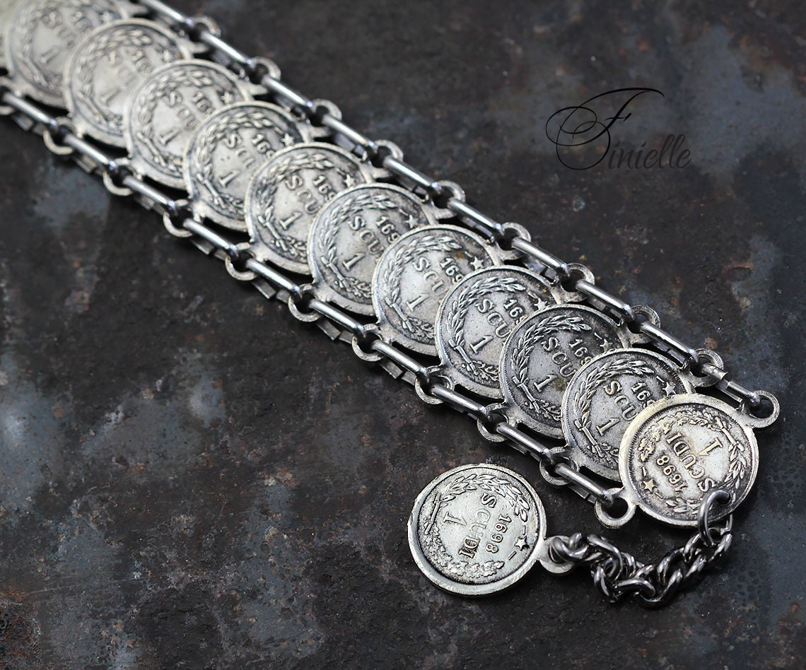 Vintage Coin Bracelet 1960's, Souvenir of San Marini, Scudi 1698, Boho Jewelry, Faux Coin Bracelet, Republic of San Marino, Silver Plated