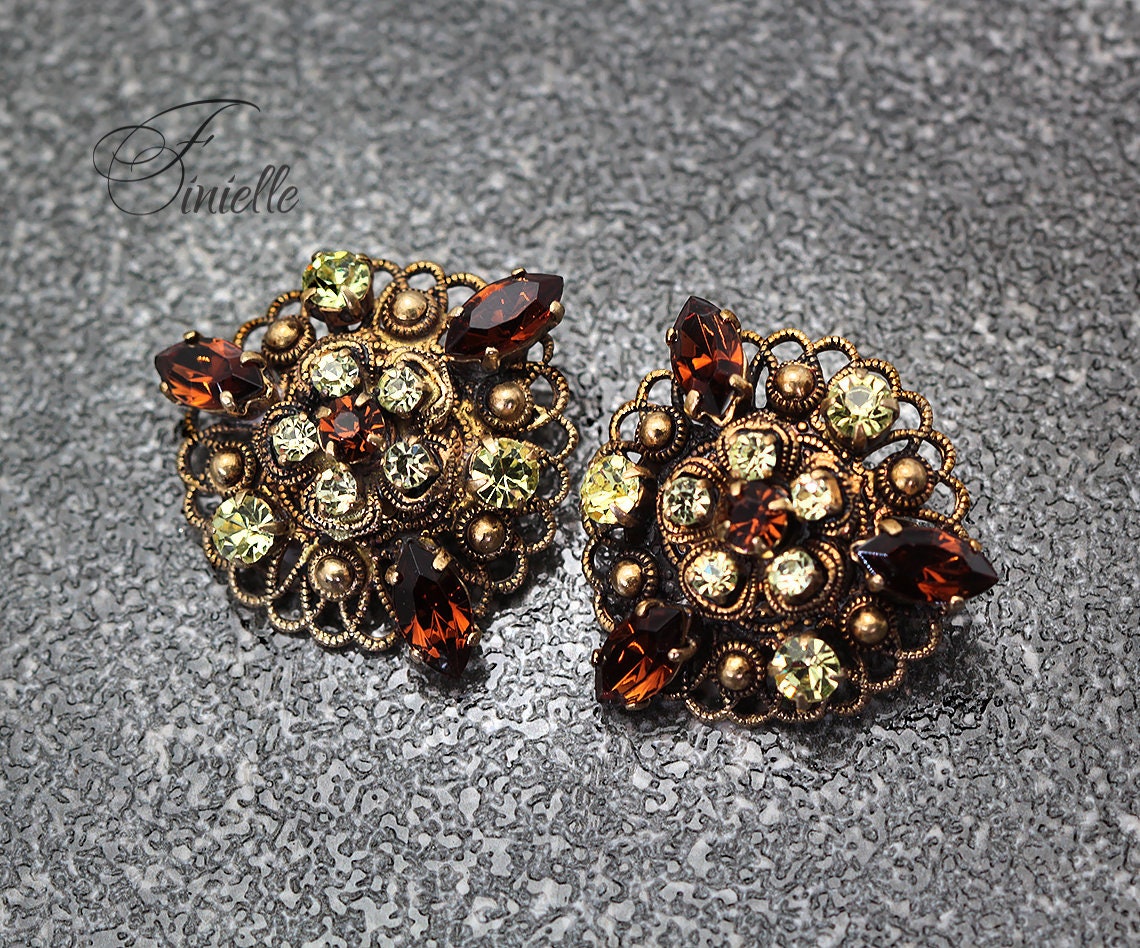 Vintage Czech 1930s Smoked Topaz Citrine Rhinestone Filigree Clip-On Earrings, Gold Plated, Gift for Women, Jewelry Art Deco Jewellery