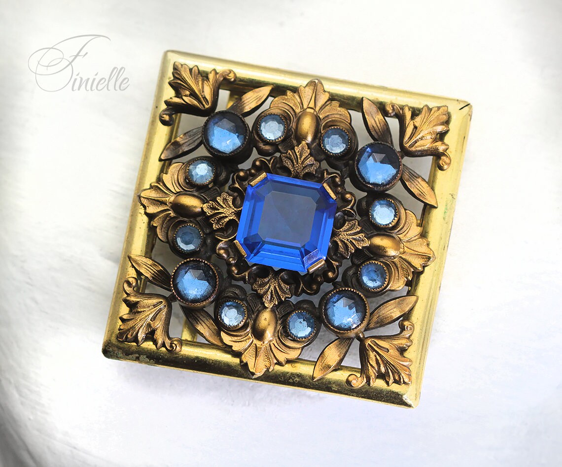 Art Deco 1920-1930's Vintage Czech Blue Glass Buckle, Filigree, Gilded Brass, Gold tone, Bohemian Vintage Jewelry, Gift, Antique jewellery