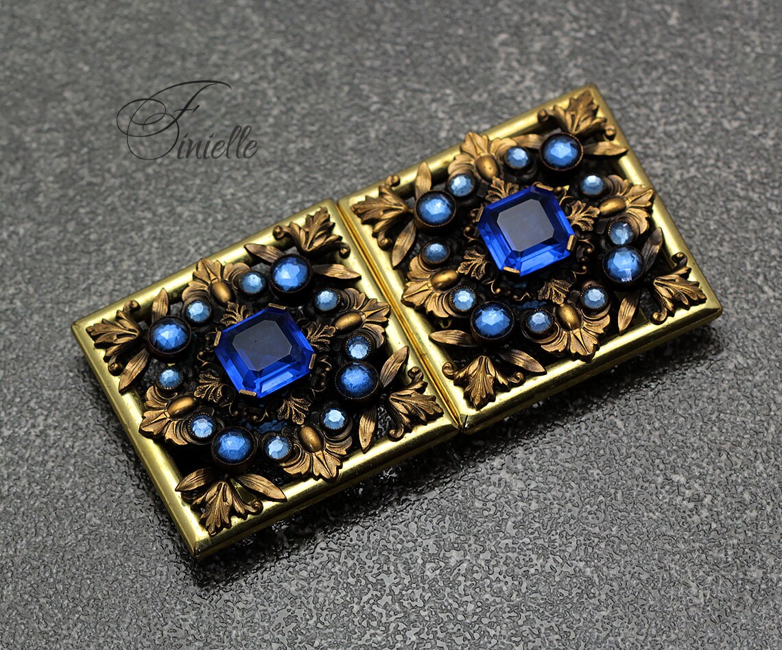 Art Deco 1920-1930's Vintage Czech Blue Glass Buckle, Filigree, Gilded Brass, Gold tone, Bohemian Vintage Jewelry, Gift, Antique jewellery