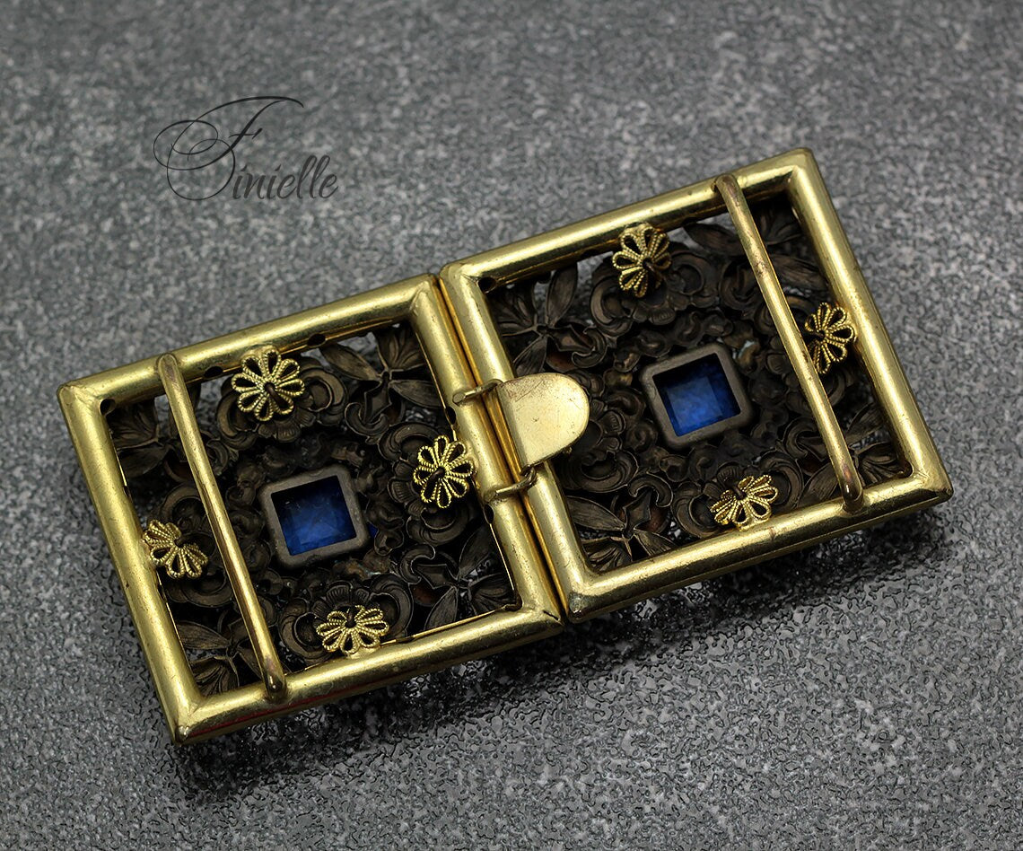 Art Deco 1920-1930's Vintage Czech Blue Glass Buckle, Filigree, Gilded Brass, Gold tone, Bohemian Vintage Jewelry, Gift, Antique jewellery