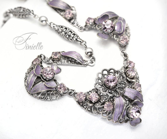 Vintage Antique 1920's 1930's Czech Filigree Purple Stone Necklace, Vintage Silver Plated Jewelry, Vintage necklace, Gift for Women.