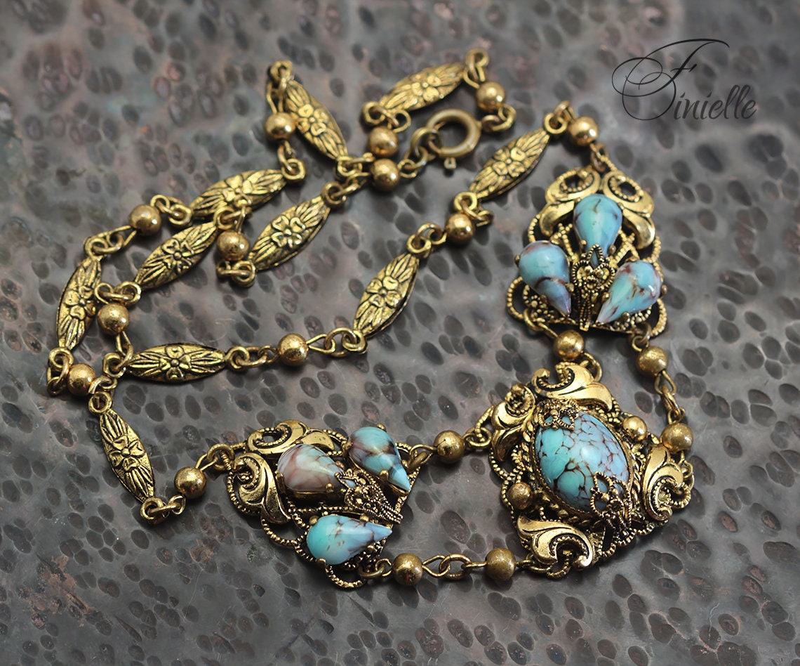 Art Deco 1920-1930's, Vintage Jewellery Richly Gilded, Gold Tone, Czech Bohemian Glass Turquoise Filigree Necklace, Gift for Women