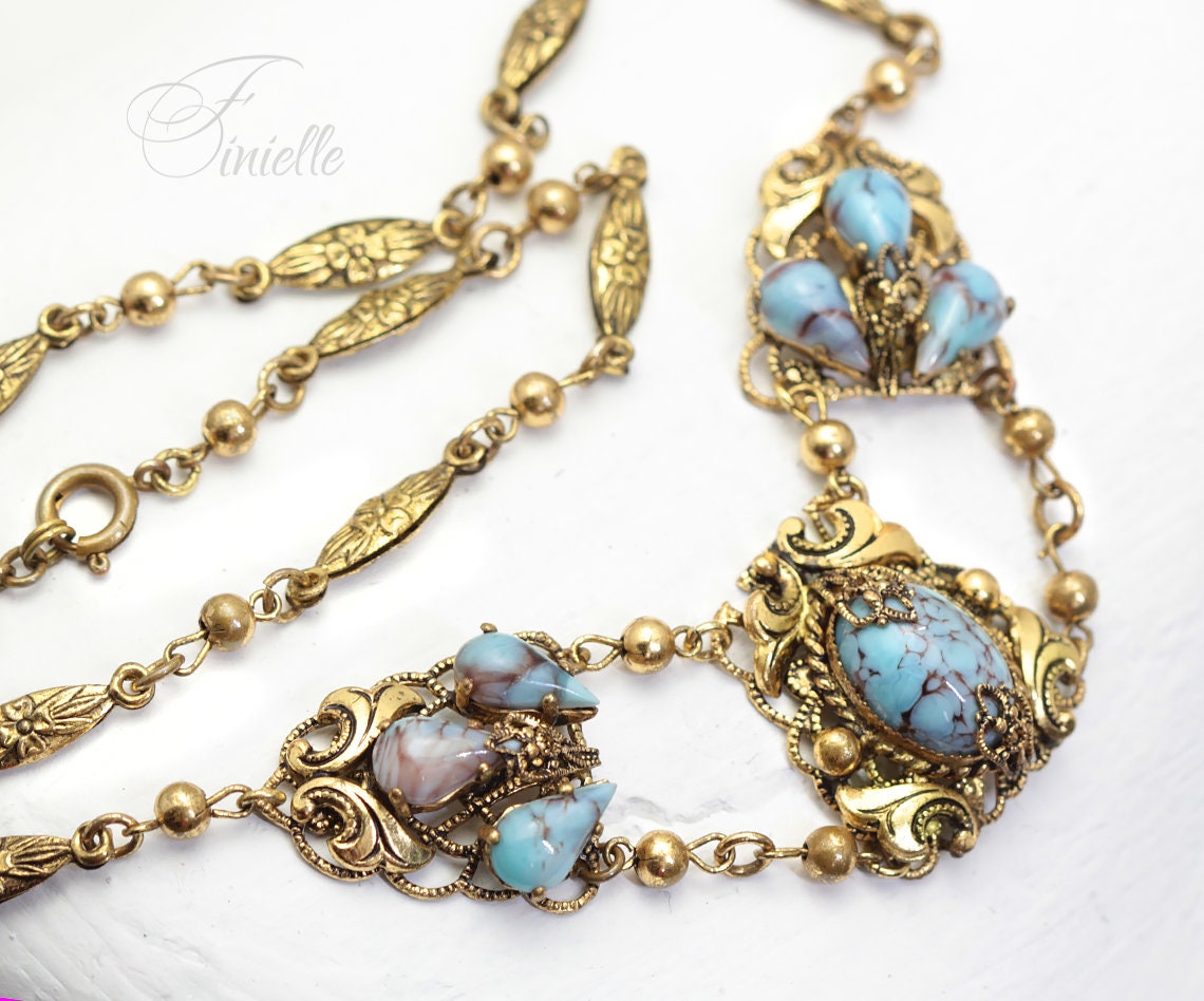 Art Deco 1920-1930's, Vintage Jewellery Richly Gilded, Gold Tone, Czech Bohemian Glass Turquoise Filigree Necklace, Gift for Women