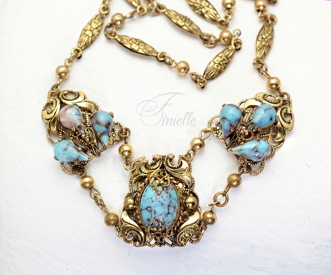 Art Deco 1920-1930's, Vintage Jewellery Richly Gilded, Gold Tone, Czech Bohemian Glass Turquoise Filigree Necklace, Gift for Women