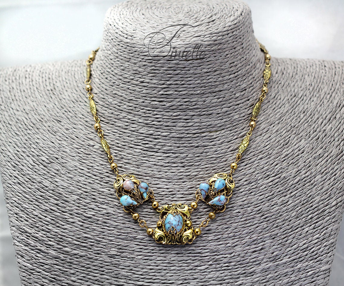 Art Deco 1920-1930's, Vintage Jewellery Richly Gilded, Gold Tone, Czech Bohemian Glass Turquoise Filigree Necklace, Gift for Women