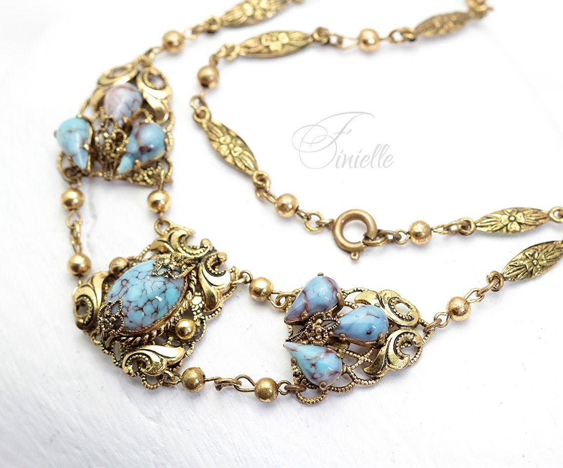 Art Deco 1920-1930's, Vintage Jewellery Richly Gilded, Gold Tone, Czech Bohemian Glass Turquoise Filigree Necklace, Gift for Women