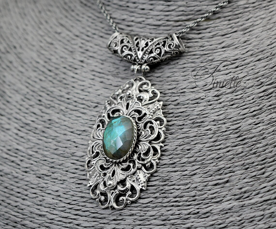 Unique Silver Plated Necklace Pendant, Royal Blue Labradorite, Repurposed Vintage, Filigree, Victorian style jewelry, Gift for Women